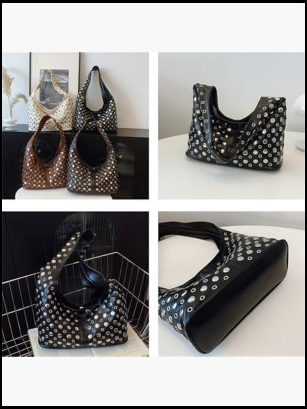 Studded Shoulder Bag Slouchy Hobo Handbag Faux Leather Satchel Purse Trendy - Picture 5 of 7